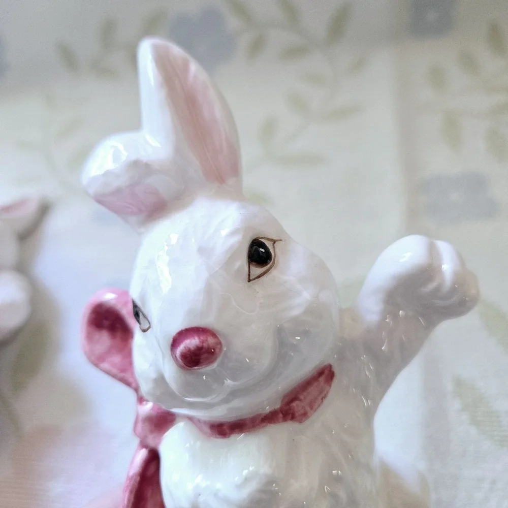 K's Collection Ceramic White Easter Bunny Rabbit Figurines Bows 6